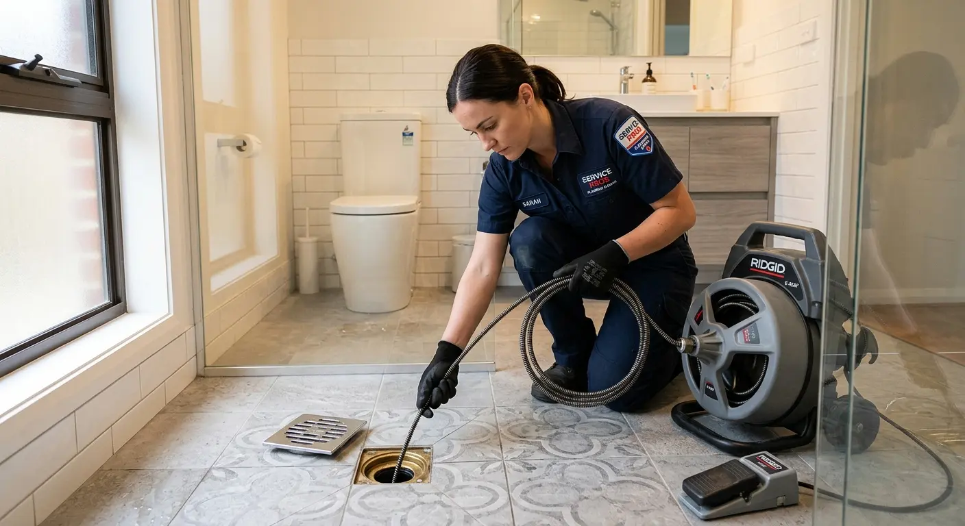 Technician clearing a bathroom floor drain for Sewer Line Replacement in Park Ridge